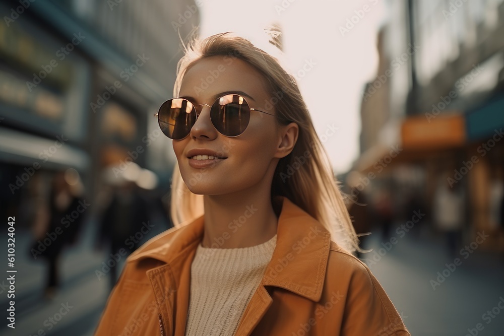 Happy luxury woman travel shopping in urban city, vibrant, fashion, contemporary, lifestyle, generative AI Happy luxury woman travel shopping in urban city, vibrant, fashion, contemporary, lifestyle, generative AI