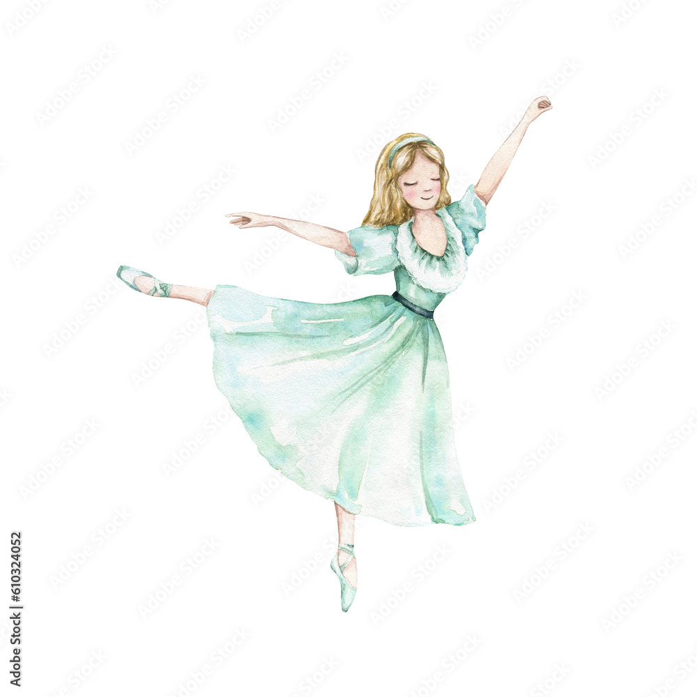 Naklejka premium Golden-haired ballerina in green dress and pointe shoes. Classic cartoon character. The nutcracker, fairy tale. Hand drawn watercolor illustration. For invitation, card, decoration design