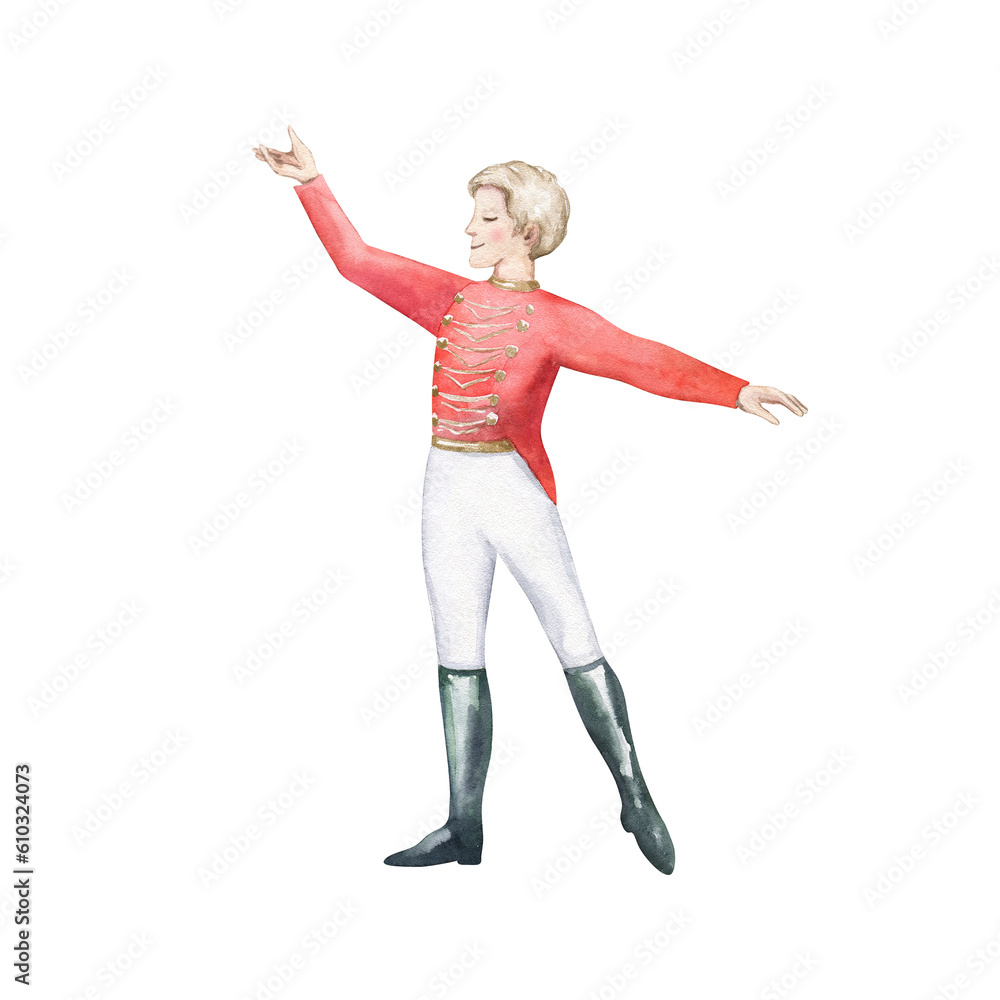 A young ballet dancer. Classic cartoon male character. The nutcracker, fairy tale. Hand drawn watercolor illustration. For invitation, card, decoration design. A young ballet dancer. Classic cartoon male character. The nutcracker, fairy tale. Hand drawn watercolor illustration. For invitation, card, decoration design.