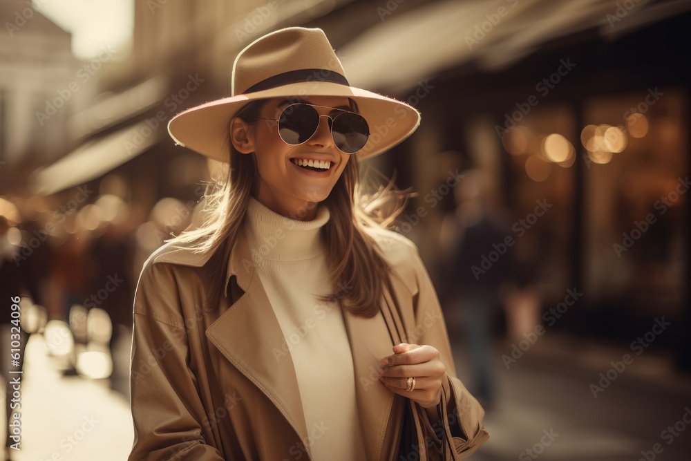 Happy luxury woman travel shopping in urban city, vibrant, fashion, contemporary, lifestyle, generative AI