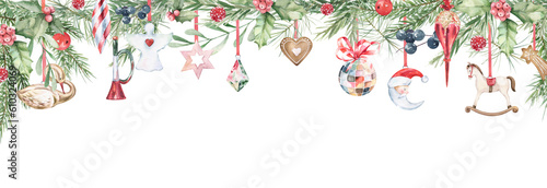 Festive winter garland with fir branches, vintage Christmas tree toys, berries, gingerbread. Hand painted watercolor illustration isolated on white background © Victoria Pak