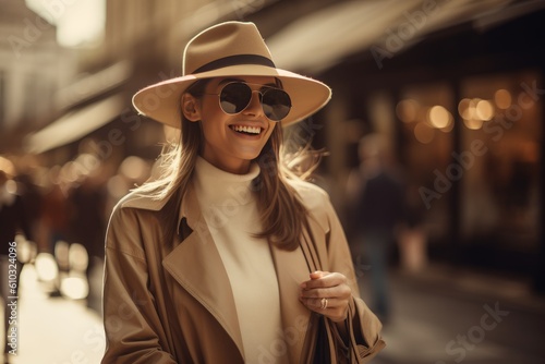 Happy luxury woman travel shopping in urban city, vibrant, fashion, contemporary, lifestyle, generative AI