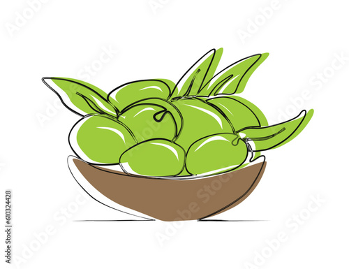 Continuous one line drawing of fresh olives on the bowl. Olives line art drawing vector illustration. 