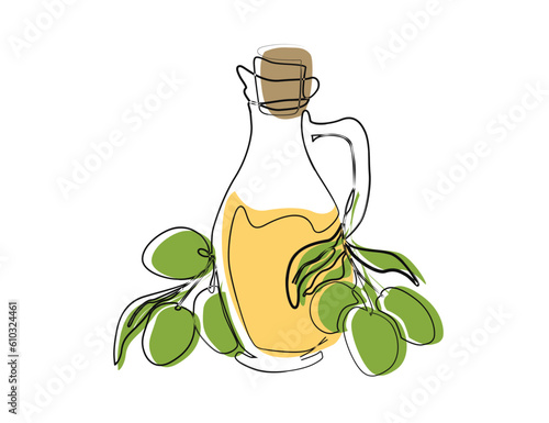 Continuous one line drawing of olives with leaves and Virgin olive oil in the glass bottle line art drawing vector illustration. 
