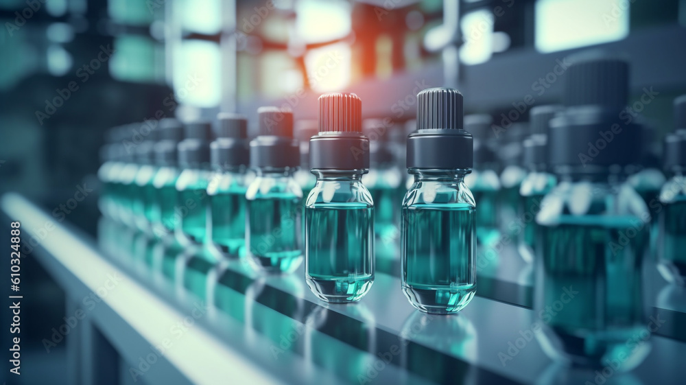 Medical vials drug and vaccine on production line at pharmaceutical factory, Pharmaceutical machine working pharmaceutical glass bottles production line, Generative AI Medical vials drug and vaccine on production line at pharmaceutical factory, Pharmaceutical machine working pharmaceutical glass bottles production line, Generative AI