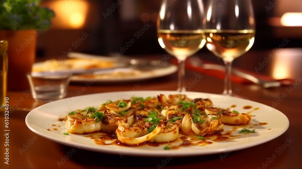 Grilled calamari in restaurant with olive oil, lemon, sause and herbs