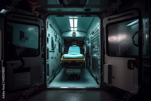 View of compact ambulance van open doors. Emergency medical devices, ambulance interior details with necessary patient care equipment. Basic emergency for quick health help service. Generative AI photo
