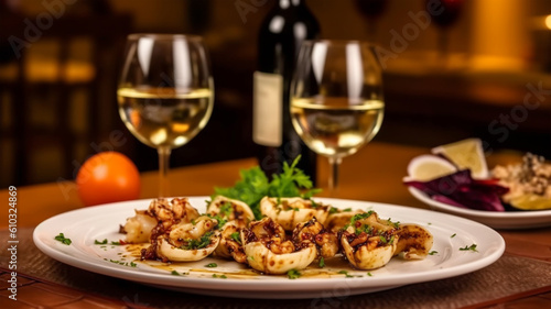 Grilled calamari in restaurant with olive oil, lemon, sause and herbs