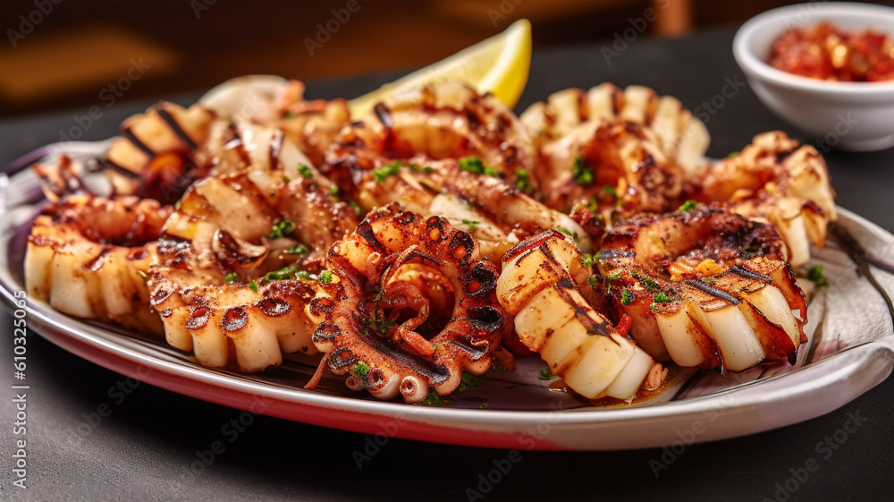Grilled calamari in restaurant with olive oil, lemon, sause and herbs Grilled calamari in restaurant with olive oil, lemon, sause and herbs