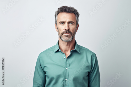 Middle Aged Caucasian Male Wearing Green Shirt on Gray Copy Space. Generative AI. © VK Studio