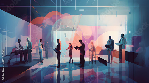 An artistic illustration showcasing a team of professionals engaged in effective business communication. AI Generative