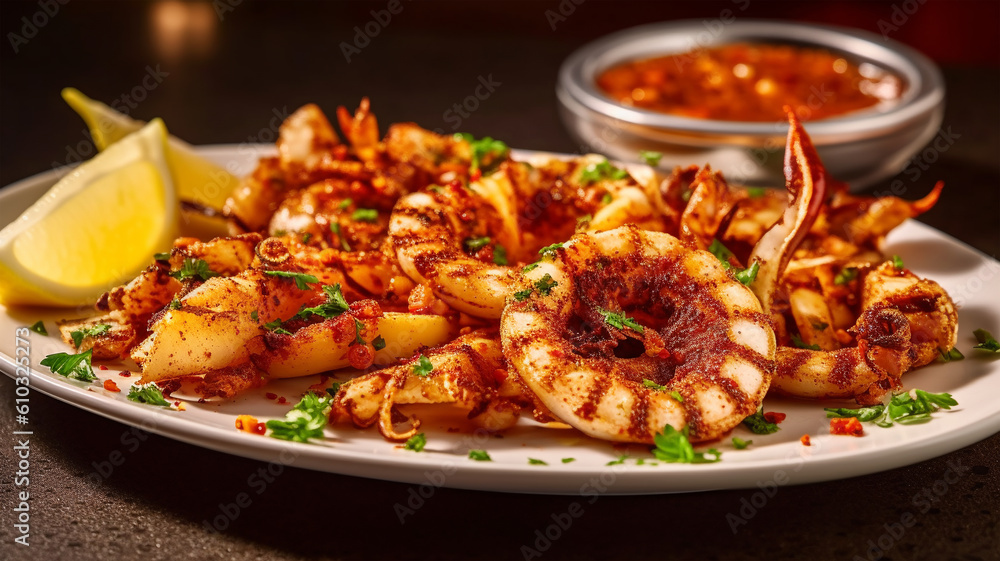 Grilled calamari in restaurant with olive oil, lemon, sause and herbs Grilled calamari in restaurant with olive oil, lemon, sause and herbs
