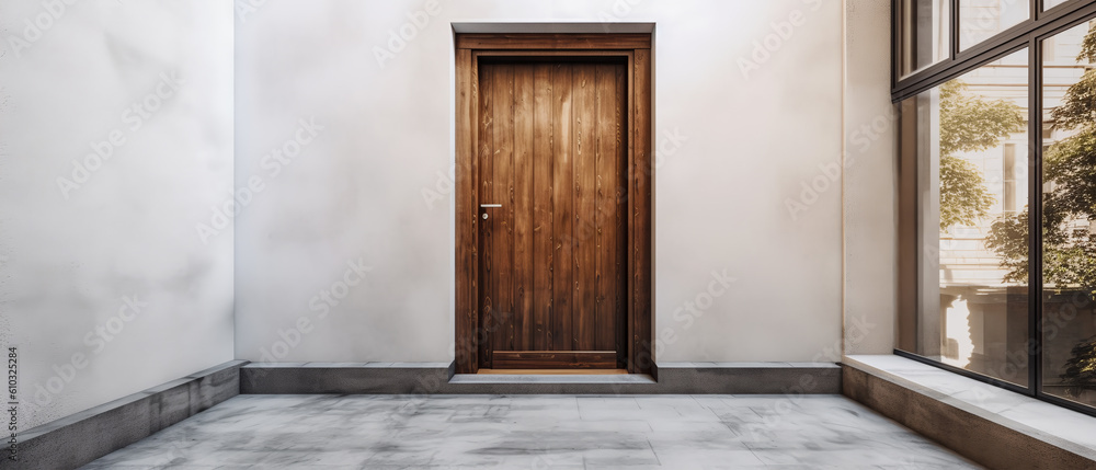 Fototapeta premium Empty room apartment entrance. simple front wooden door with place for text. Loft interior mockup. Gray concrete texture. Generative ai