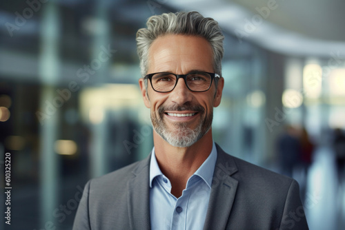 Middle Aged Top Manager in Glasses Standing at the Office and Smiling at Camera. Generative AI.