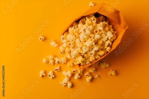 Bag of popcorn on yellow background with copyspace