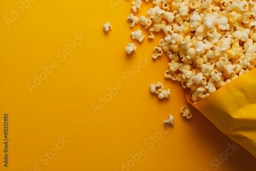 Bag of popcorn on yellow background with copyspace photo
