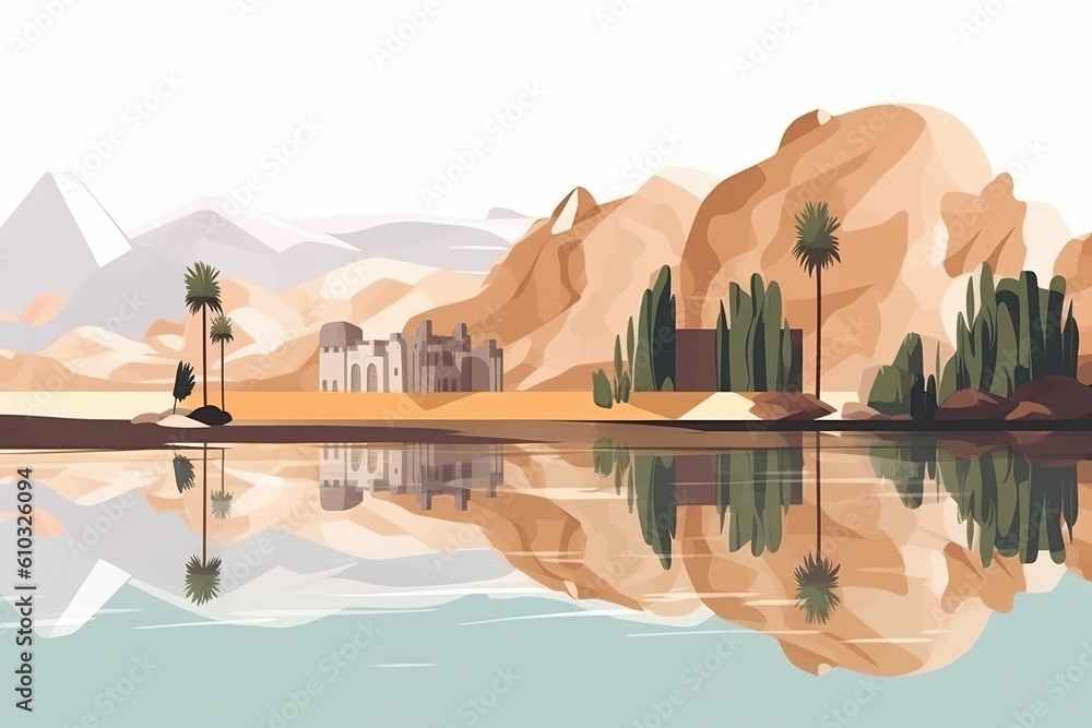 The illustration of An oasis in the desert, AI contents by Midjourney The illustration of An oasis in the desert, AI contents by Midjourney