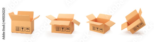 3D cardboard open boxes isolated on white background. Delivery cargo box. Cartoon style cardboard box or delivery package. 3d realistic vector