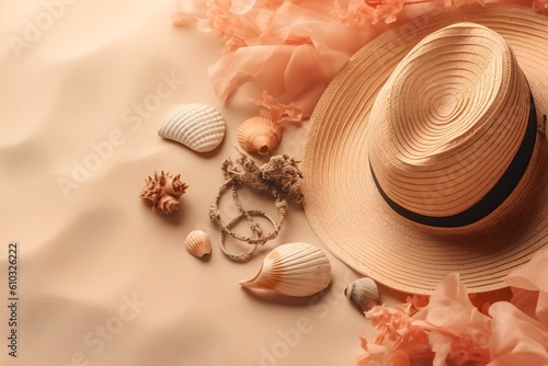 Beach accessories on sand with copy space
