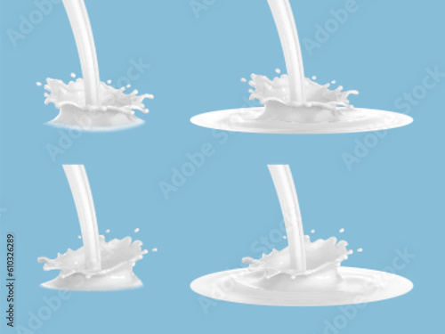 Milk crown splashes isolated on blue background. Vector realistic set of milk splashes.
