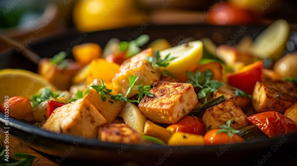 tofu stir-fry with vibrant vegetables and spices on a colorful plate tofu stir-fry with vibrant vegetables and spices on a colorful plate