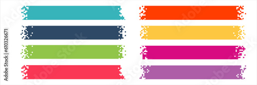 Pixel banner. Layout with mosaic edges. Horizontal title tags.