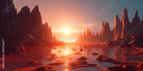 3d render, futuristic landscape with cliffs and water. Modern minimal abstract background. Spiritual zen wallpaper with sunset or sunrise light