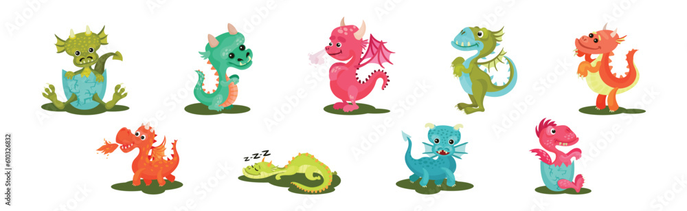 Little Baby Dragon and Newborn Hatched from Egg Vector Set