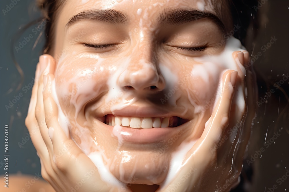 Closeup portrait of young woman cleanses the skin with foam on her face in bathroom
