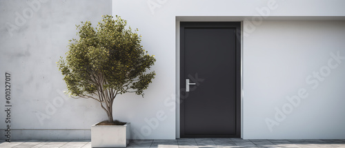 Mockup with white facade of a modern house with front door, potted flowers.entrance home exterior. patio, backyard in a modern house. doorway. Minimalism. Generative ai photo