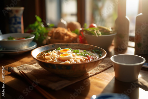 Image of ramen nudle bowl served on a table as in the bright dinning room.