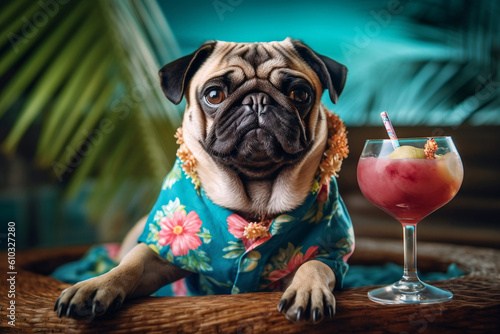 Chilled pug dog in sunglasses sunbathing at seaside resort and wear a Hawaiian shirt lounging on deck chair with fruity cocktail. Vacation rest in hot country beach concept. Generative AI Technology