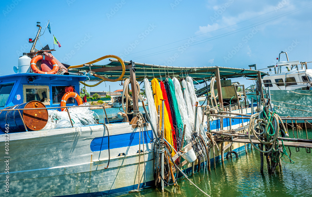 Fishing floats and nets colored yellow and red called pots ideal for lake fishing of Lesina and Varano, Apulia. Italy