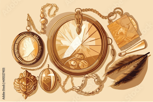 Stylish golden bijouterie and mirror on light brown illustration. Generative AI