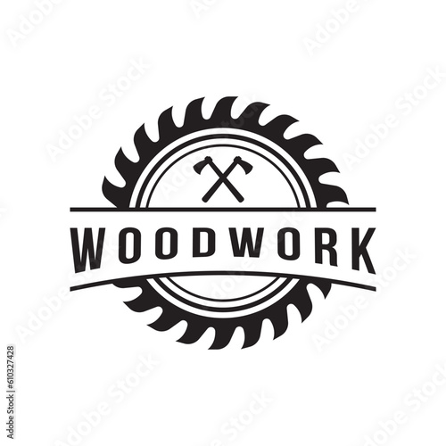 Wood saw premium logo template design with vintage carpentry tools.Logo for business, carpentry, lumberjack, label, badge.