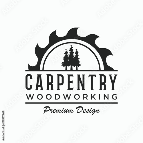 Wood saw premium logo template design with vintage carpentry tools.Logo for business, carpentry, lumberjack, label, badge.