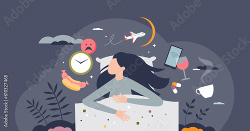 Insomnia causes and trouble with sleeping at night tiny person concept. Sleepless problem causes and bad habits impact to relaxation and quality sleep hygiene vector illustration. Anxiety and stress.
