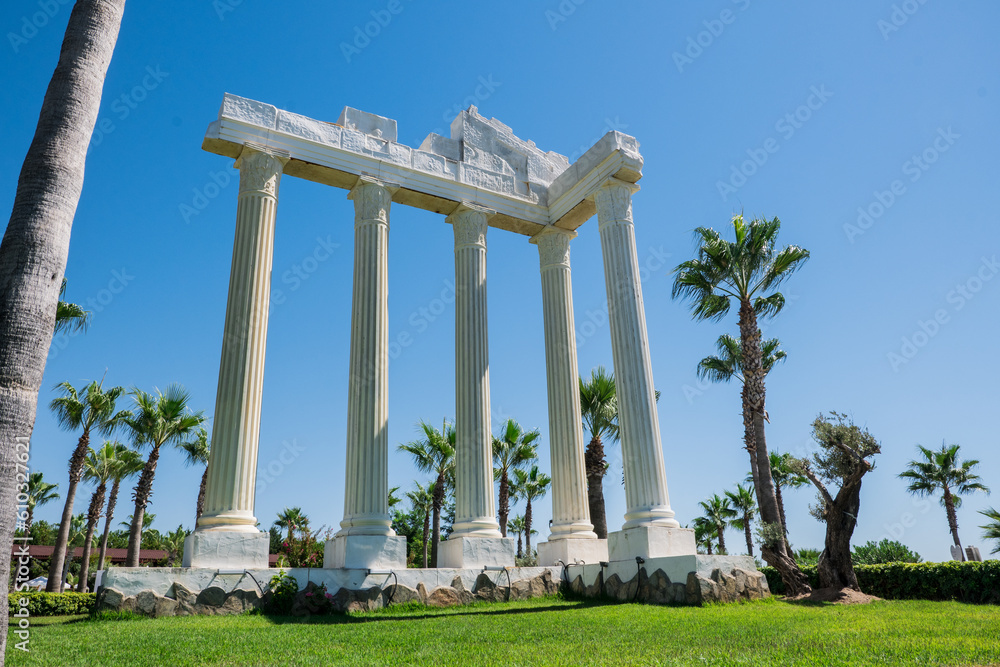 greek roman columns in a hotel complex in antalya turkey
