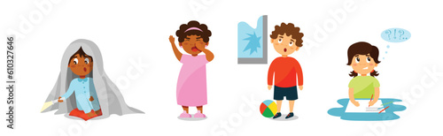 Little Boy and Girl with Bad and Naughty Behavior Vector Set