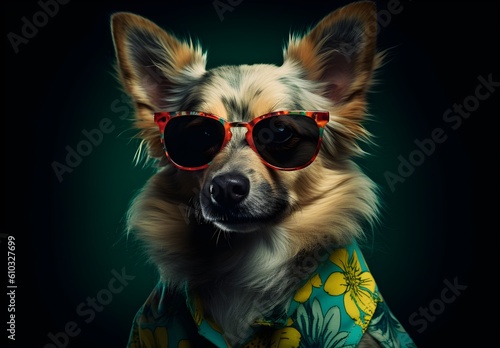 Funny dog in sunglasses and summer shirt isolated on dark green background © Canities