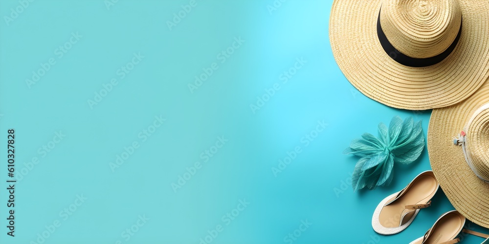 Hat and sunglasses on blue background with copyspace