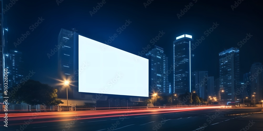 Blank white advertising display billboard in a city street at night with light streaks. Promotional poster mock up Blank white advertising display billboard in a city street at night with light streaks. Promotional poster mock up