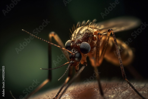 Close up of Mosquito sucking blood. Aedes Aegypti Mosquito on human skin.Mosquito vector borne disease is carrier of Malaria, Zica Virus, Yellow Fever. Generative AI Technology