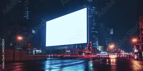 Blank white advertising display billboard in a city street at night with light streaks. Promotional poster mock up