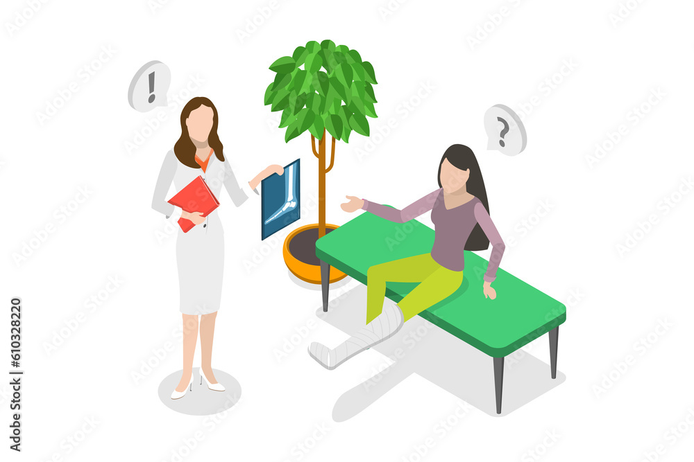 3D Isometric Flat Conceptual Illustration of Broken Leg 3D Isometric Flat Conceptual Illustration of Broken Leg