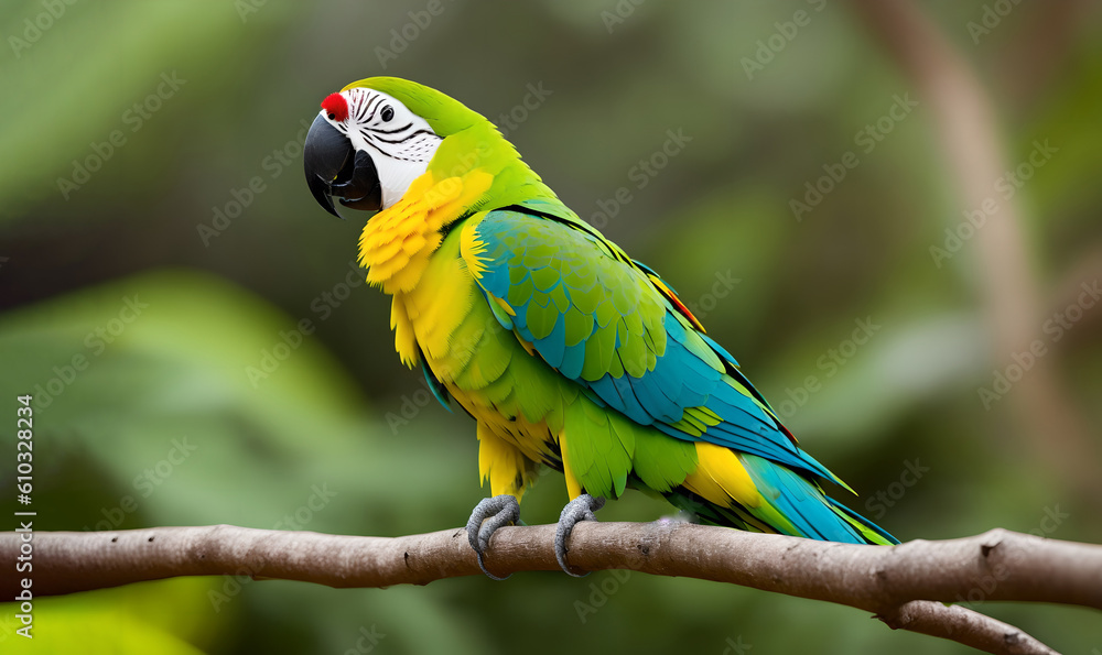a green parrot on a branch with ample space for text