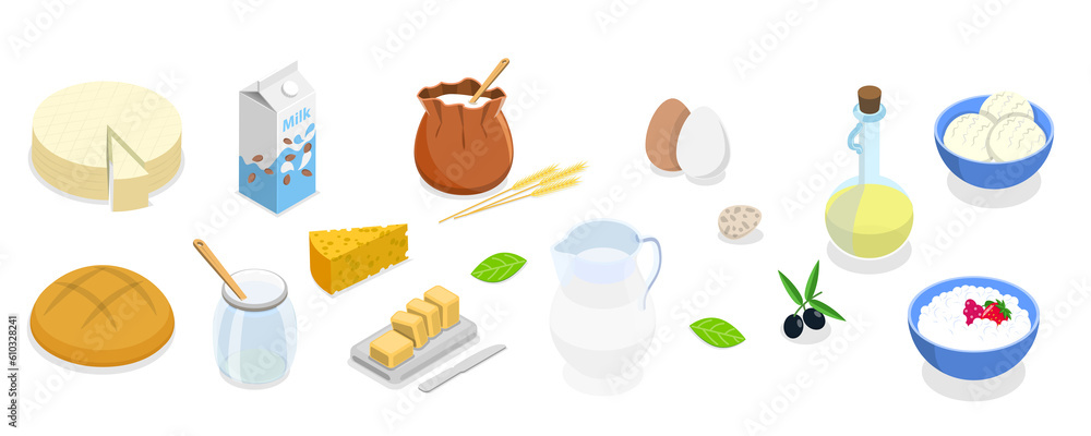 3D Isometric Flat  Set of Dairy Products