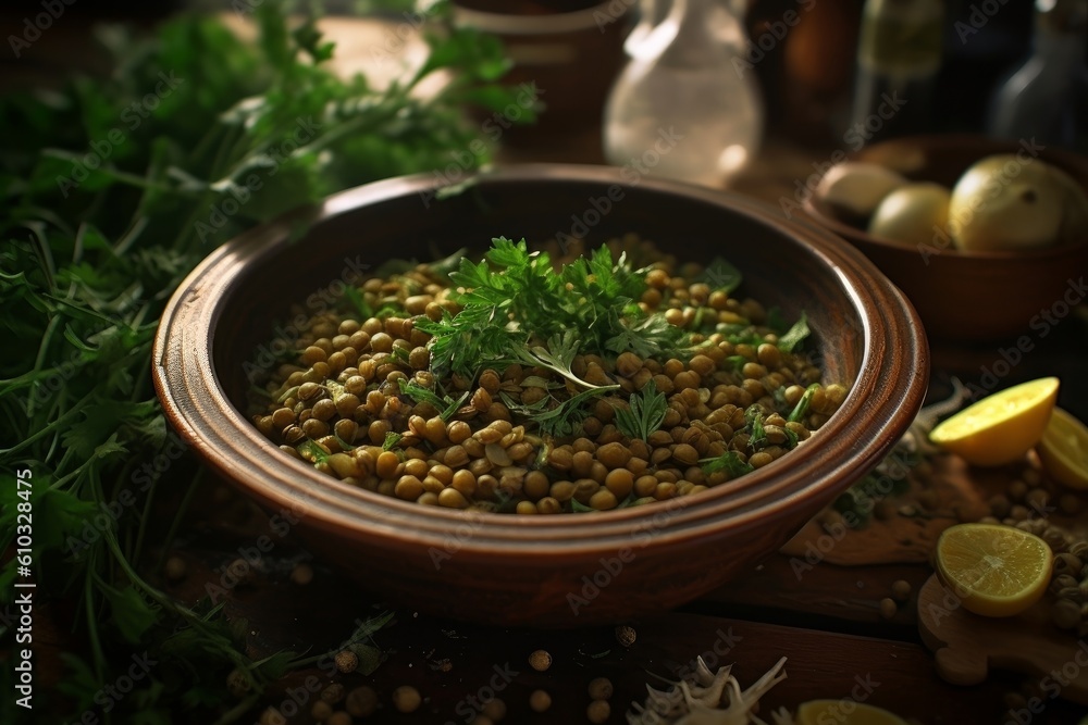 bowl of cooked green lentils garnished with fresh herbs and spices bowl of cooked green lentils garnished with fresh herbs and spices