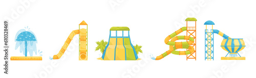 Aqua Park Slides and Enjoying Attraction Vector Set