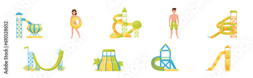 Aqua Park Slides and Enjoying Attraction with Happy Man and Woman Vector Set